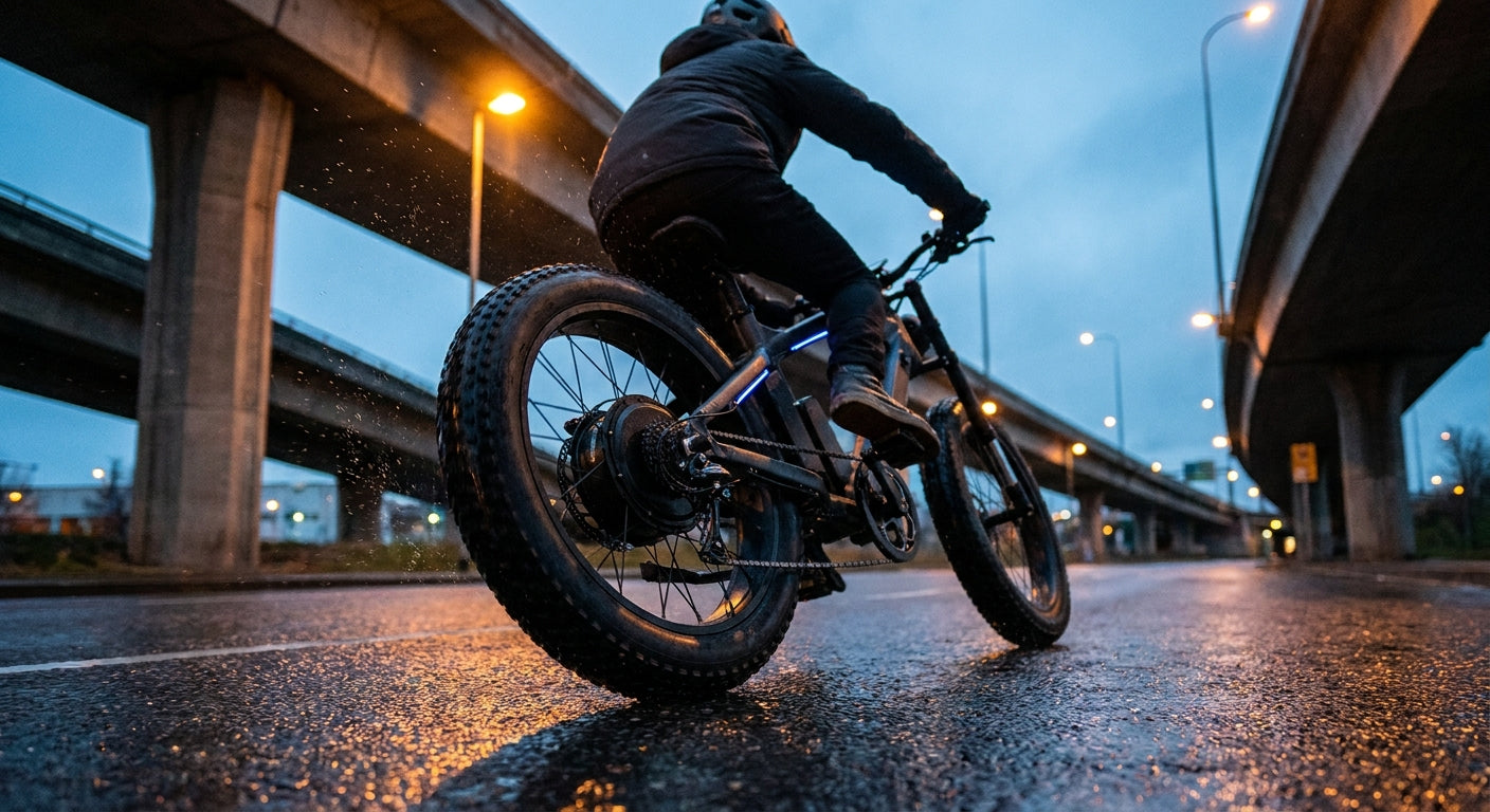 A heavy-duty e-bike riding confidently on wet urban asphalt at dusk, shot from a low dramatic angle emphasizing tire contact and forward momentum.